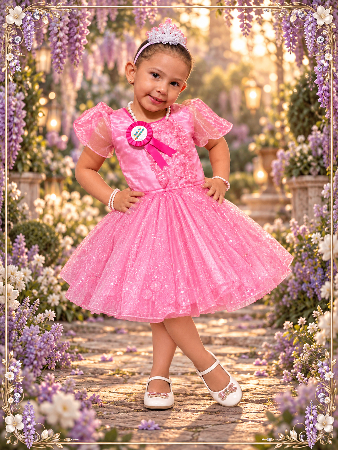 Mariana de pequeña con vestido rosa