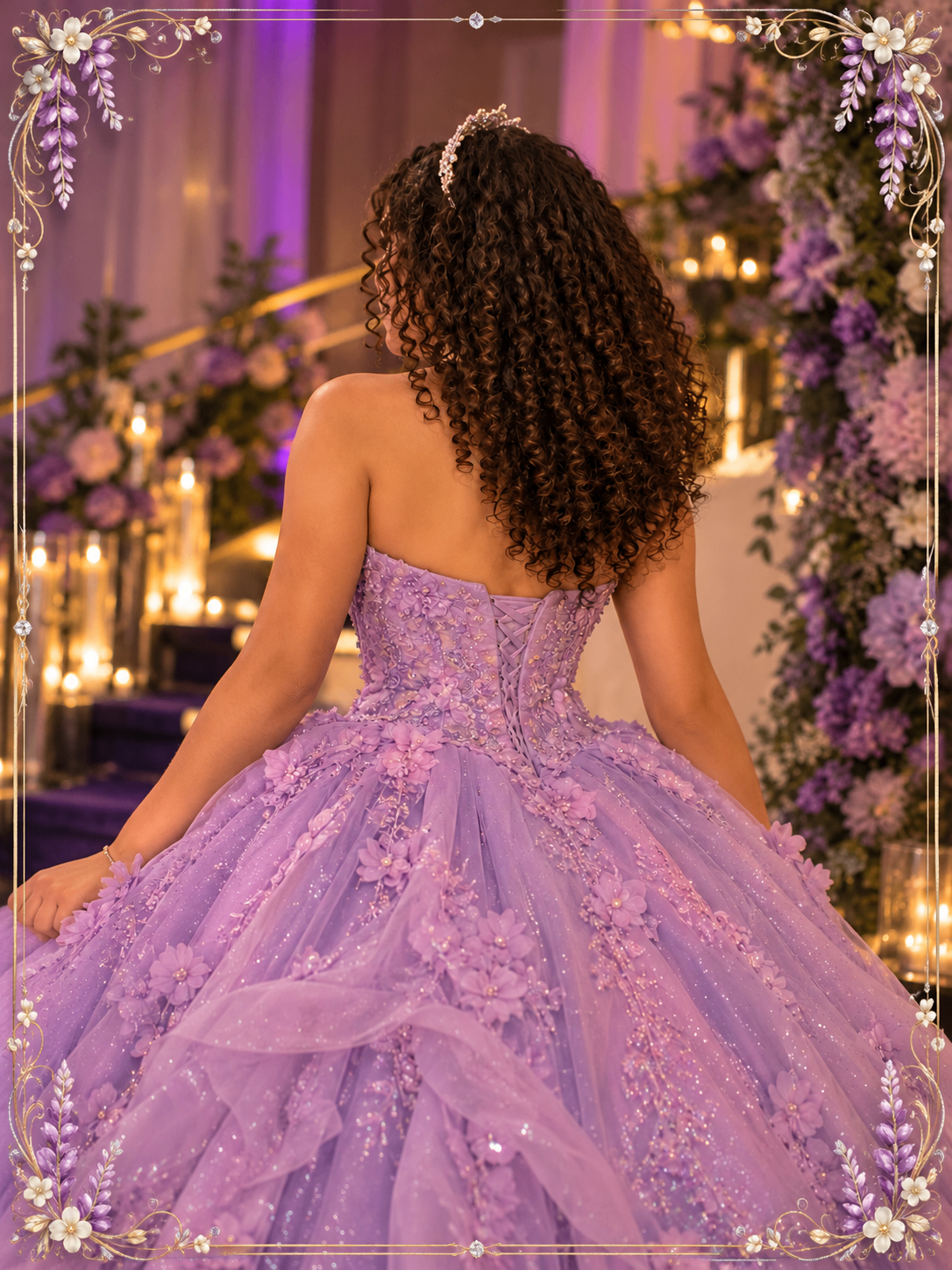 Mariana con su vestido lila